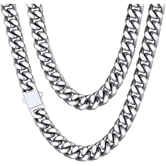 Men's 12mm Width Steel 18K Gold Plated Cuban Hip Hop Silver Silver Chain Jewelry
